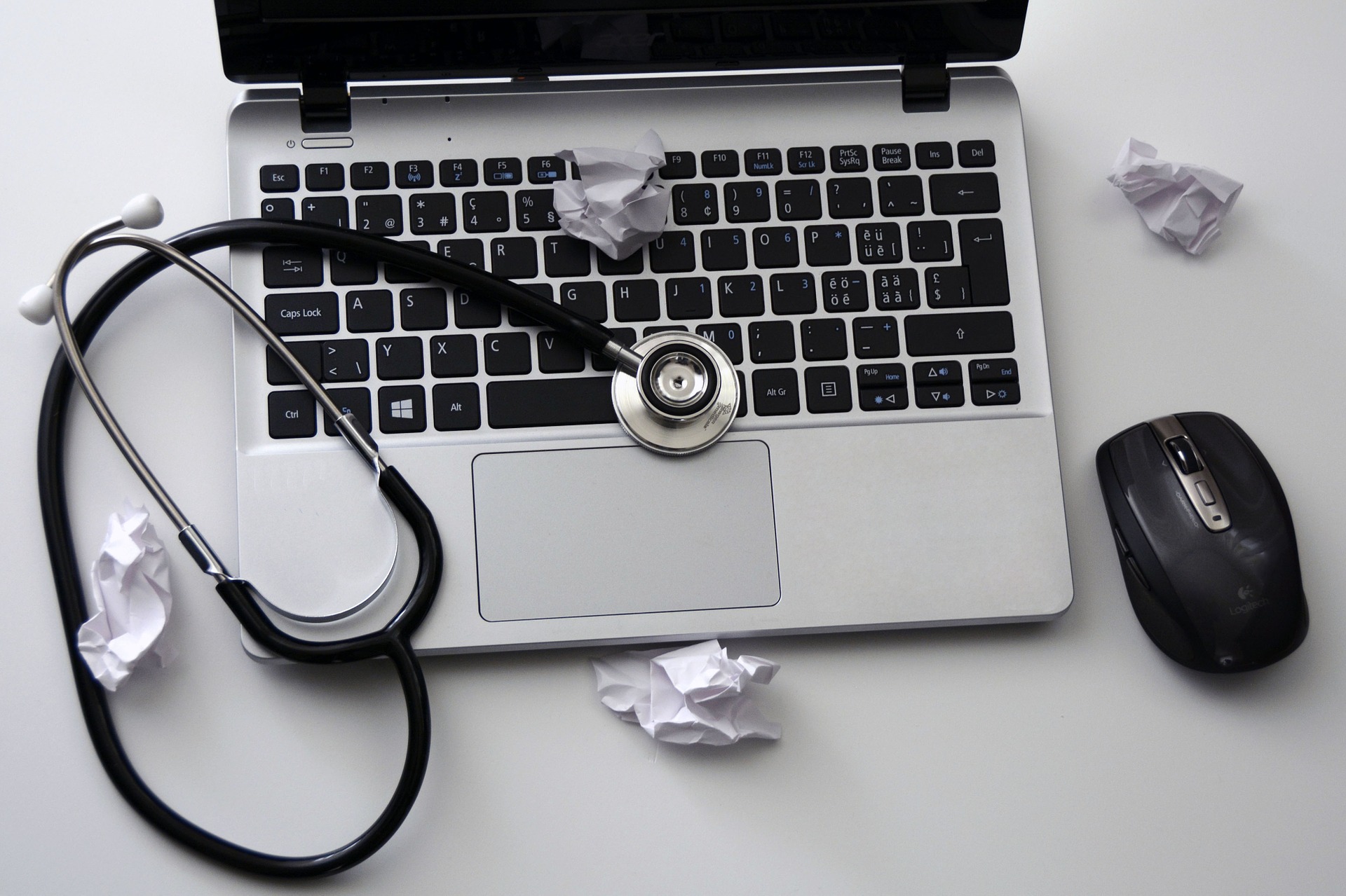 Laptop, Mouse, Stethoscope, Notebook, Keyboard